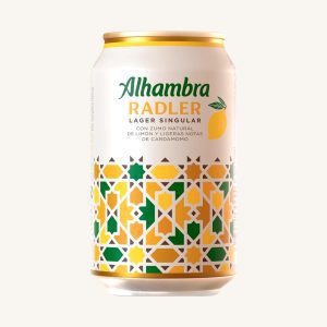 Alhambra Radler, Lager Singular beer (cerveza) with lemon juice and cardamom, from Granada, can 33cl